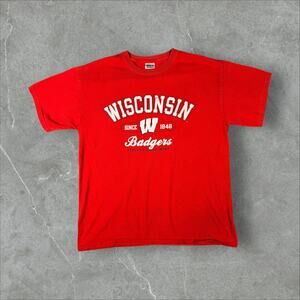 Vintage University Of Wisconsin Badgers Size Large Red Y2K Short Sleeve T-Shirt